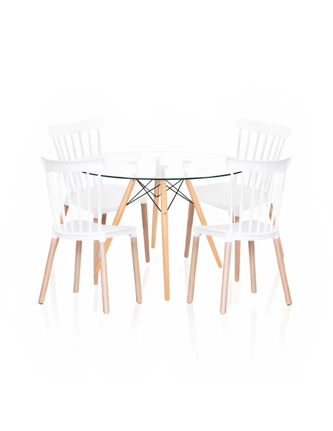 Comedor Mesa Eames Redonda Vidrio 100cm 4 Sillas Windsor Blancas