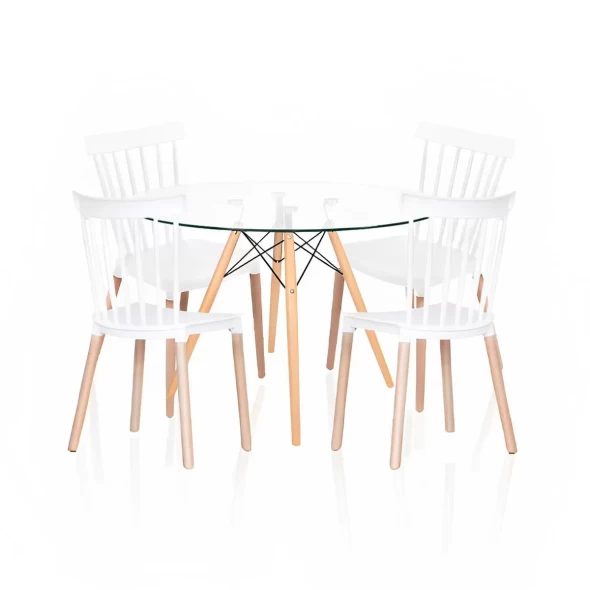 Comedor Mesa Eames Redonda vidrio 100cm + 4 Sillas Windsor Blancas -