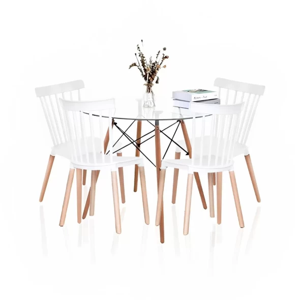 Comedor Mesa Eames Redonda vidrio 80cm + 4 Sillas Windsor Blancas -