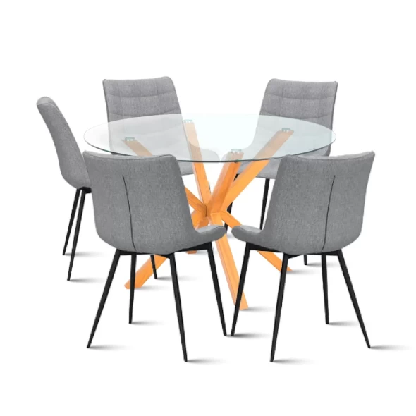 Mesa de comedor redonda de vidrio Cross 120cm + 5 Silla Macron Terciopelo - Gris -