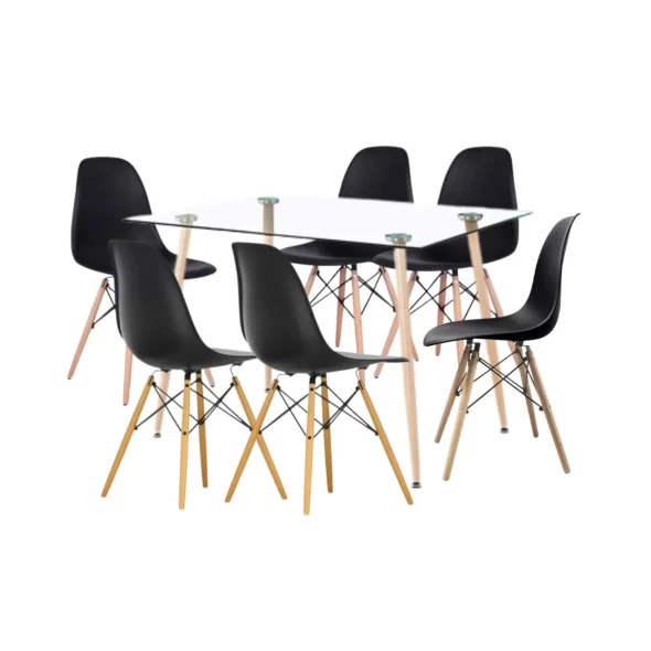 Comedor Mesa de Vidrio Rectangular 120x80 + 6 Sillas Eames Negras -