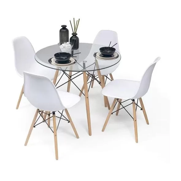 Comedor Mesa Eames Vidrio 80cm + 4 Sillas Eames Blancas -