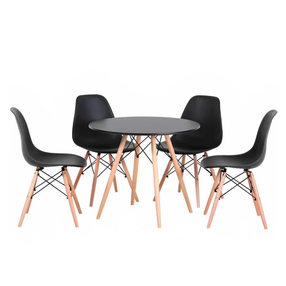 Comedor Mesa Eames Redonda Negra 80cm + 4 Sillas Eames Negras -