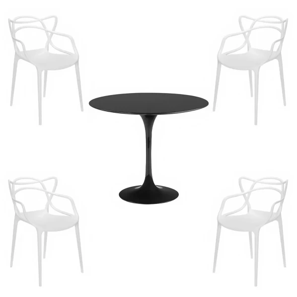 Comedor Tulip Negro 80cm - 4 Sillas Master blancas -