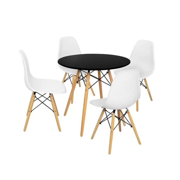 Comedor Mesa Eames Negra Redonda 80cm + 4 Sillas Eames Blancas -