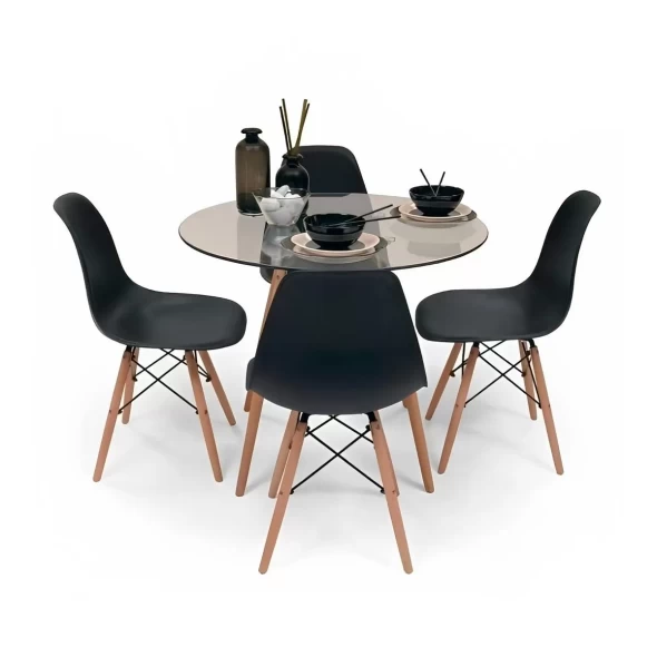 Comedor Mesa Eames Vidrio 80cm + 4 Sillas Eames Negras -