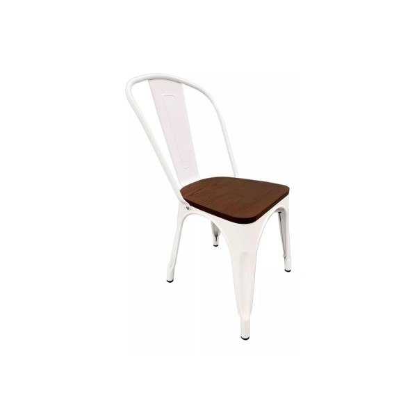 Silla Tolix con asiento de Madera Oscura Walnut - Blanca