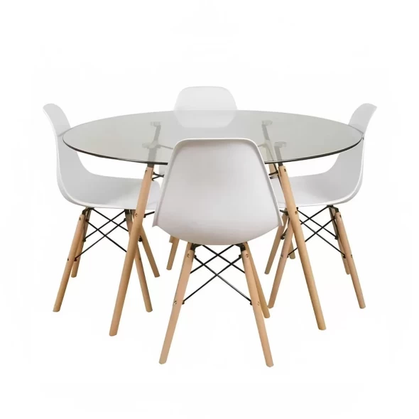 Comedor Mesa Eames Vidrio 100cm + 4 Sillas Eames Blancas -